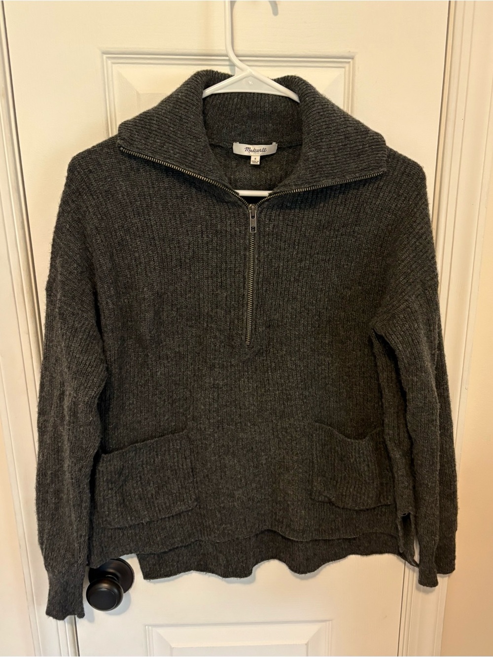 Madewell Merino Wool Zip-Neck Ribbed Sweater in Charcoal Gray